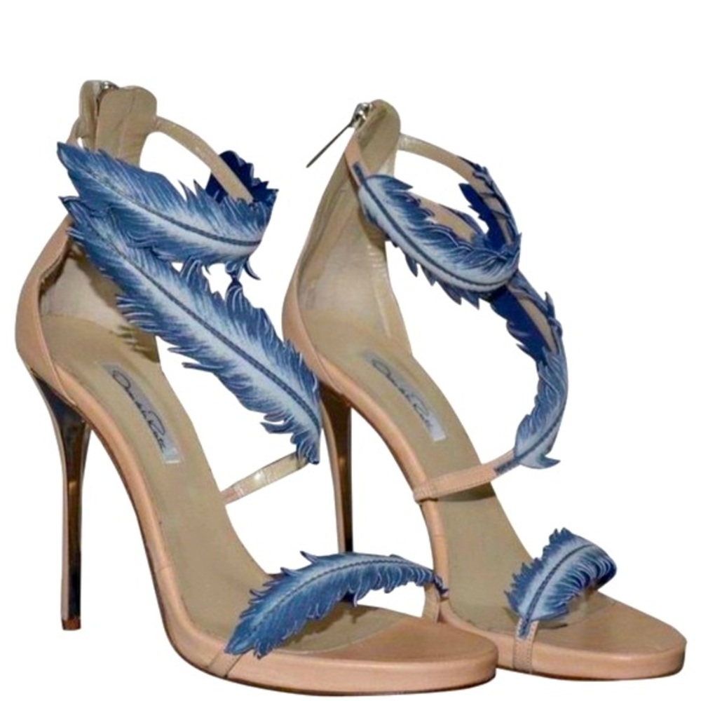 Spring Summer Oscar de la Renta SS 2015 Runway Blue Feather Sandal 39 New in Box